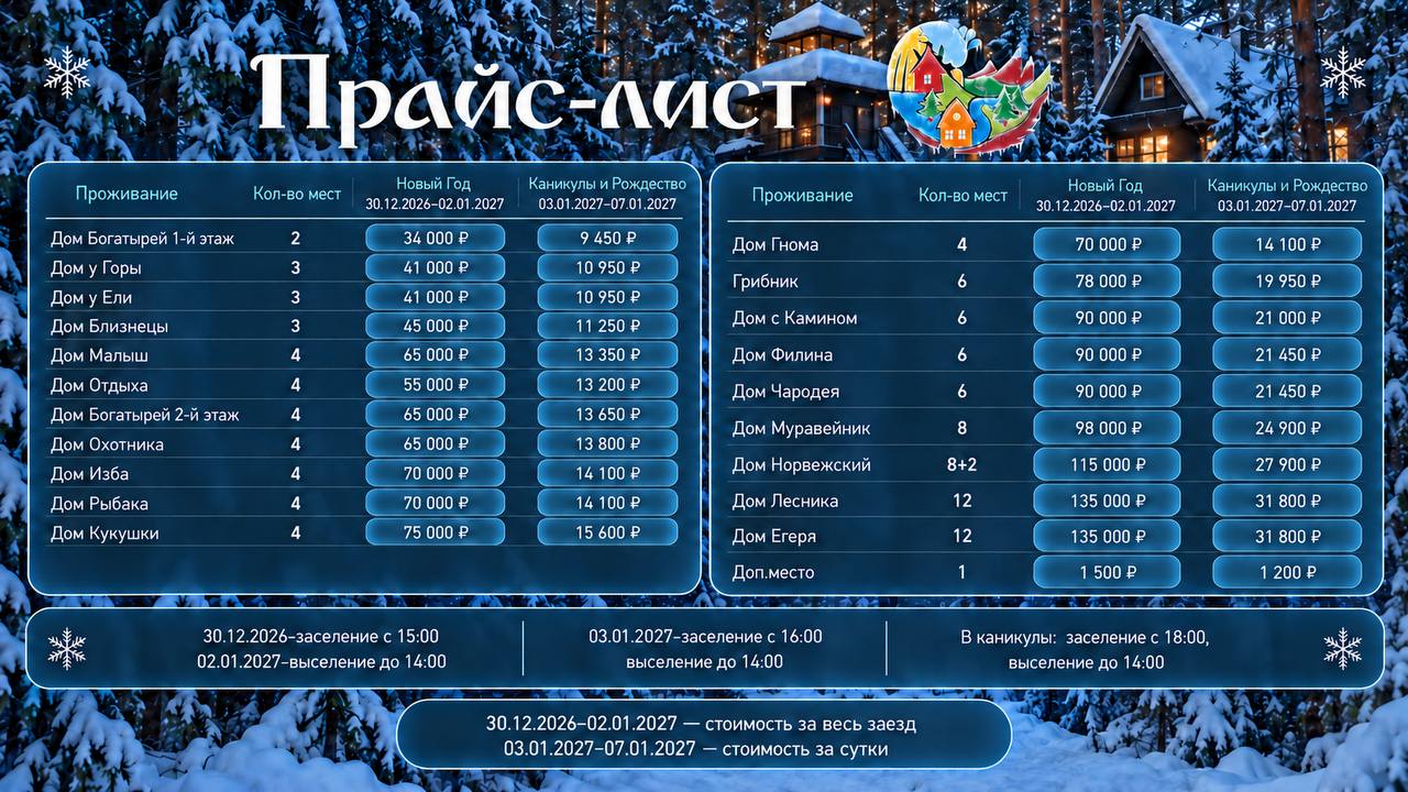 Прайс-лист на Новогодние каникулы